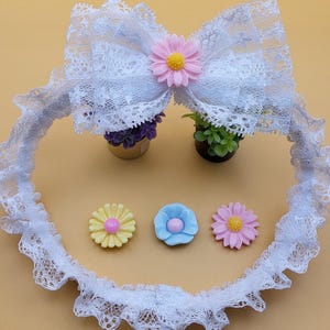 Handmade Lace Baby Headband: White Ruffle Bow with Pink Flower