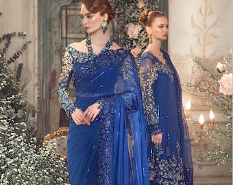 Royal Sapphire chiffon Saree -Maria . B | Pakistani Designer wedding collection | Formal Guest Partywear Dress | Indian Saree | Gift for her
