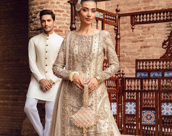 Champagne Gold Heavily Embellished Bridal Gharara Set | Handcrafted Formal Wedding Wear | Traditional Pakistani Bridal Dress with Dupatta