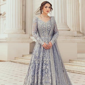 Ice Blue - Royal Blue Net Bridal Gown | Wedding Wear Dresses, Nikah Mehndi Engagement Dress, Embroidered Net Fabric, Formal Maxi Dress