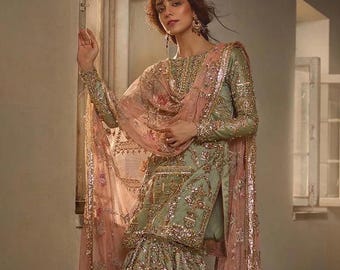 Mint Green Kurti Gharara with Peach Pink Dupatta | Pakistani Bridal Dress | Indian Wedding Outfit | Formal Partywear for Women | Gift for He