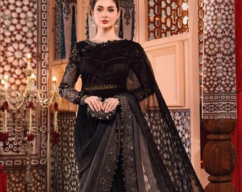Sari de red negra con bordado de lentejuelas / Elegante sari indio para bodas y fiestas / Ropa formal de noche / Boda pakistaní-india