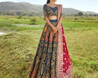 Navy Blue -Multi Colour Lehenga Choli | Heavy Embroidered Indian Wedding Dress | Pakistani Designer Formal Wear | Ethnic Reception Outfit