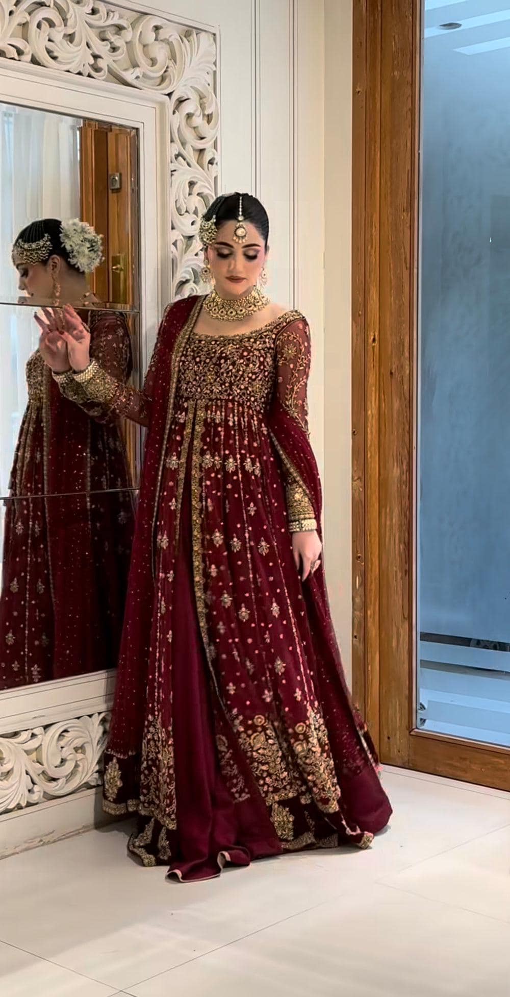burgundy pakistani wedding dress Pakistani Wedding Maroon Gown And Dupatta New Designer Ready Made Ethnic  Dress