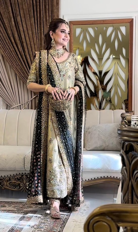 mehndi formal dresses Handcrafted Pakistani Dress with Heavy Beaded Dupatta - Mehndi/Barat/Reception Wear classy elegant formal dress