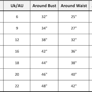 May include: A size chart with measurements for clothing sizes XS to 3XL. The chart includes US, UK/AU, bust, waist, hip, and shoulder measurements in inches. The chart is on a white background with black text.
