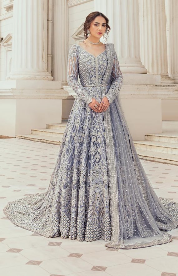 Ice Blue - Royal Blue Net Bridal Gown | Wedding Wear Dresses, Nikah Mehndi Engagement Dress, Embroidered Net Fabric, Formal Maxi Dress