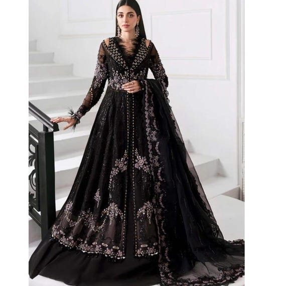 Elegant Black Lehenga Gown Pakistani Bridal Wear, Indian clothes, Anarkali Gown or Lehenga Choli, Designer Nikkah Mehndi Engagement Dress