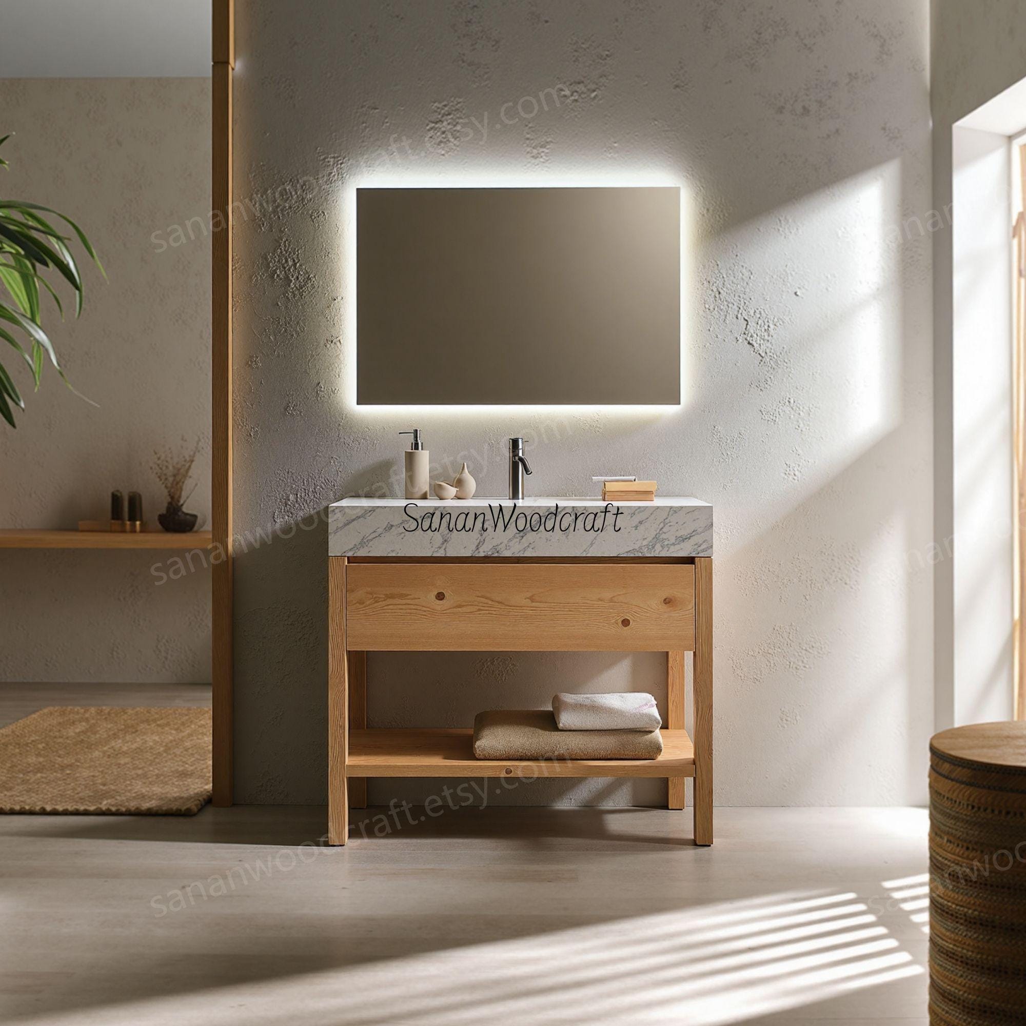 Handcrafted Solid Wood Vanity – Minimalist Midcentury Design with Reclaimed Timber & Wabi-Sabi Style