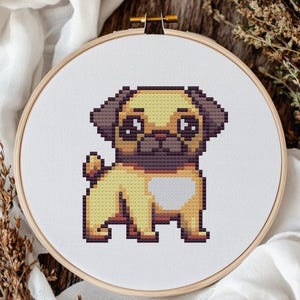 May include: A cross-stitch pattern of a cute pug dog with brown eyes and a light brown body. The pug is sitting on a white background.