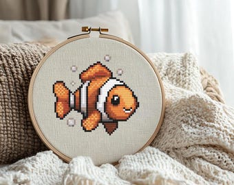 Clownfish Cross-Stitch Pattern. Cute Kawaii Animal PDF Chart. Easy Pixel Art Sea Life XStitch for Beginners. DIY Reto Embroidery Gift Idea.