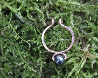 Faux Septum Ring - Hammered Copper and Hematite Stone - Non-Pierced Nose Jewelry - Made to Order