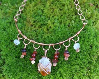 Hammered Copper Gemstone Necklace - OOAK - Handcrafted Copper Chain with Citrine, Carnelian, Garnet and Quartz Crystals - by Resting Nomad