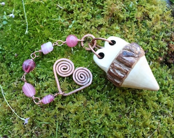 Wooden Pendulum with Pink Glass Beads and Copper Chain - Hand Carved - OOAK - Divination and Intuitive Guidance - Dowsing Tool