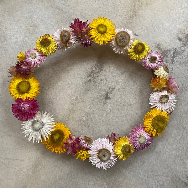 Colorful Spring Strawflower Wreath - Handmade Wreath with REAL Flowers - Pink and Yellow Strawflowers - Organically Grown - Natural Decor