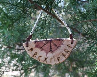 Viking Rune Tree Charm - Winter Solstice - Yule Decor - Helm of Awe - Wood Burning - Christmas Ornament