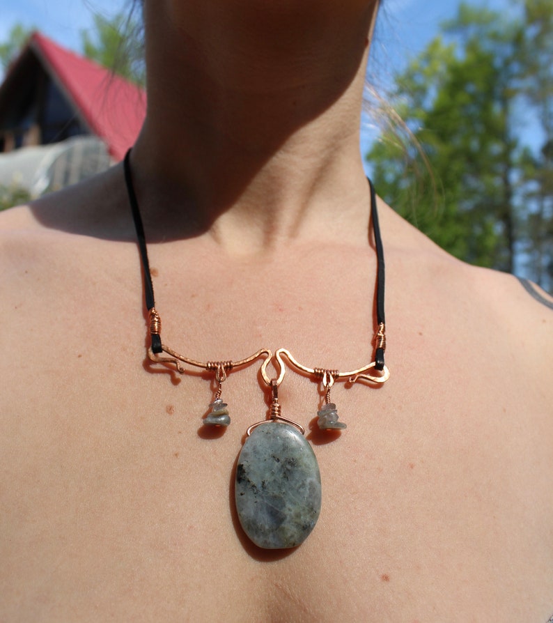 Labradorite Necklace with Hammered Copper and Leather OOAK Unique Handcrafted Jewelry by Resting Nomad image 10