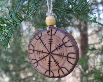 Helm of Awe Ornament - Yule Gift - Winter Solstice Tree Charm - OOAK - Eucalyptus Wood