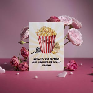 Funny Love Card – "Our Love's Like Popcorn" | Leuke filmdatumkaart | Dramatische en verslavende relatiehumor | Kaart voor stellen