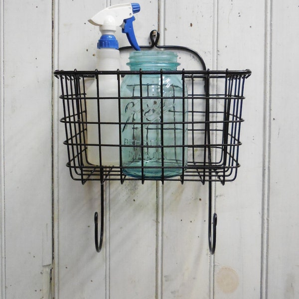 Metal wall basket Bakers basket with hooks Cage wire basket kitchen farmhouse  storage french country shabby