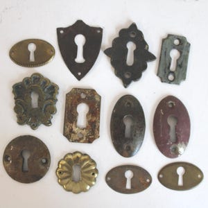 Lot 12 vintage Keyhole plates variety drawer cabinet skeleton key escutcheon hardware Restoration salvage