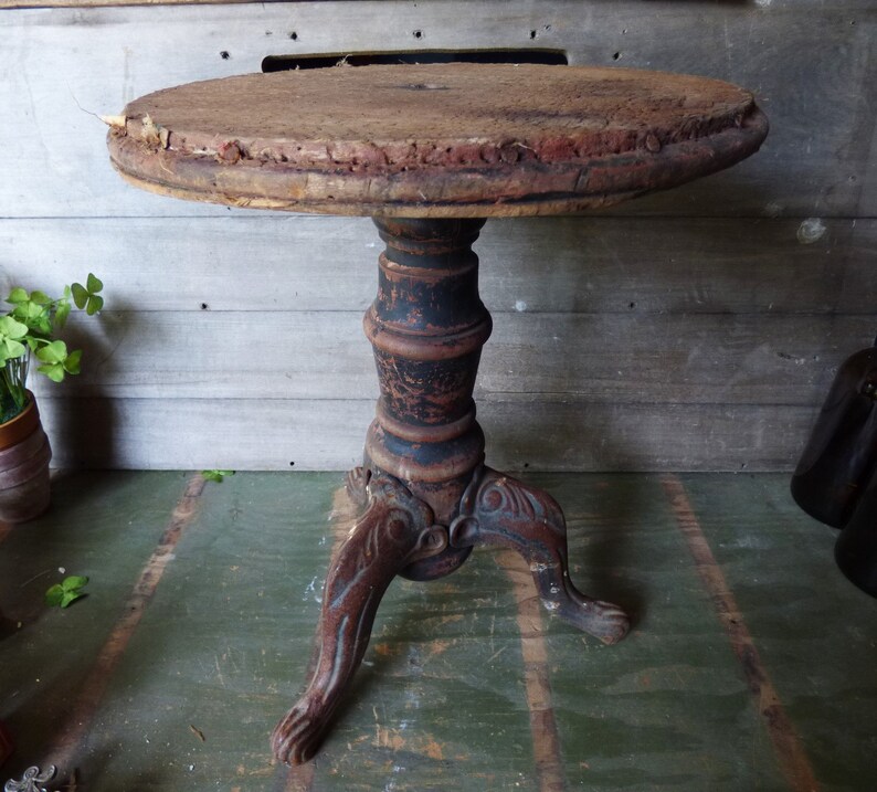 Antique Stool Wood Cast Iron Legs Base Furniture Chair Three Legged Restoration Salvage