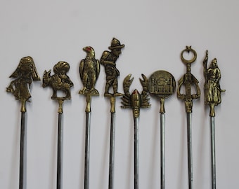 Eight vintage skewers Brass & Stainless Eagle Lobster People sticks kitchen plant stakes