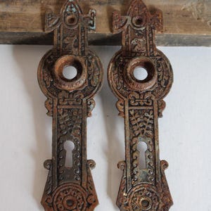 May include: Two antique, ornate door plates with keyholes and intricate floral designs. The aged metal has a rusty brown patina with hints of blue-green. The plates have a circular design around the keyhole and a decorative top.