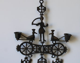 Vintage hanging candlestick holder chime Figure w/ birds aged metal