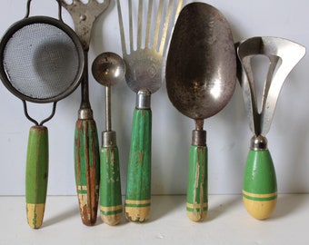 Six vintage kitchen utensils supplies Green Striped handles Scoop Spatula sifter Variety primitive rustic display antique supplies farmhouse