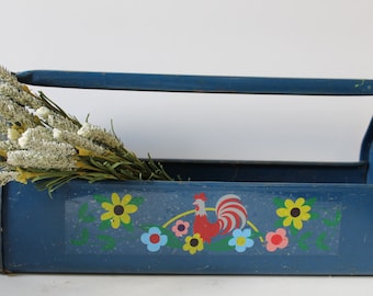 Vintage metal tote tool box Blue w/ Rooster flowers garden carrier supply storage box display