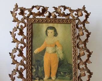 Antique frame Ornate gold metal picture frame Victorian art boy w/ Cats birds Baroque Hollywood Regency framing supplies