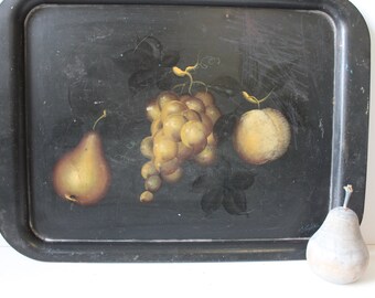 Vintage large metal tray Painted Fruit black weathered aged shabby Victorian French Country serving