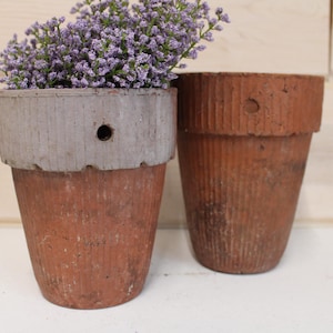 May include: Two terracotta flower pots. One pot has a gray rim and contains purple flowers. The other pot is empty. Both pots have vertical ridges and a weathered appearance, suggesting outdoor use.