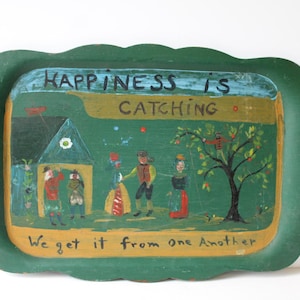 Vintage large wood tray Hand painted Folk Art Colonial people tree &quot;Happiness&quot;