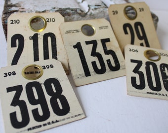 Five vintage Numbered Tags auction number variety paper ephemera Art Craft supplies