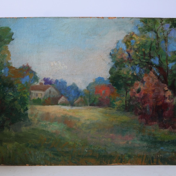 Vintage original painting landscape house meadow trees impressionist