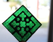 Two vintage green painted stained glass square panels small salvage sun catcher supplies