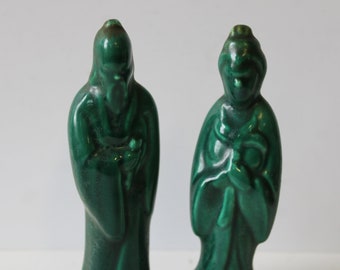 Two Vintage Chinese men man Statue Green Old World Asian Oriental