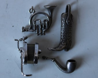 Lot 4 vintage silver charms Pipe Fishing Reel Cowboy Boot French Horn miniature pendants necklace men's bracelet jewelry supplies