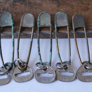 May include: Five vintage metal safety pins with attached oval tags. The pins have a tarnished, aged appearance with green oxidation. The tags have numbers etched on them, and the background is a weathered wooden surface.