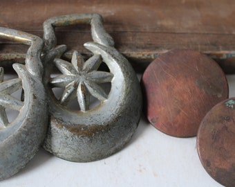 4 Antique harness Buckles Rosettes Star Anise Copper horse Bridle Equestrian tack Barn salvage Art Crafts supplies