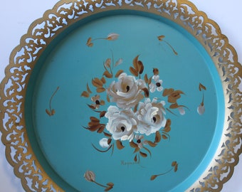 Vintage painted tray Flowers turquoise teal Gold 12" shabby Victorian French Country serving