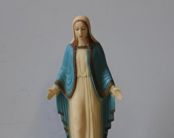 Vintage Religious statue Music box w/ drawer Blessed Mother Mary wood box Ave Maria musical