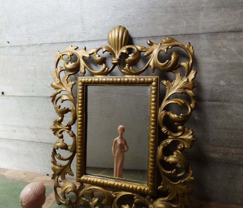 Vintage Framed Mirror Ornate Gold Metal Victorian Baroque Shelf Small