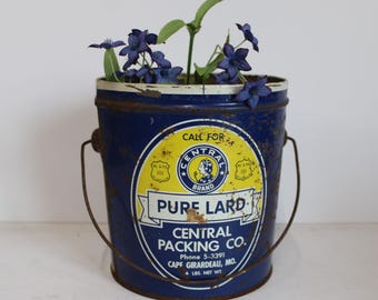 Vintage Lard Bucket can advertising Central Brand Cape Girardeau rustic planter