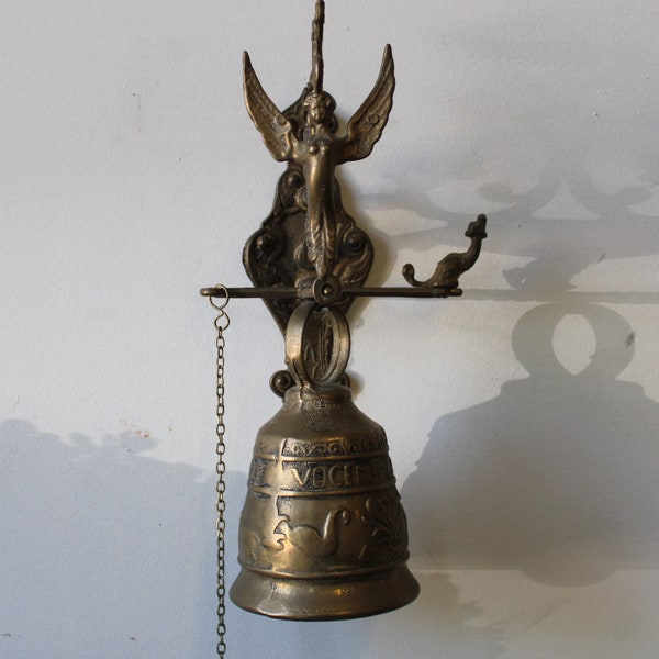 Vintage Church Bell wall mount Ornate brass Angel Serpent Monastery Latin