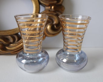 Two vintage glass bud vases Mid Century Metallic gold stripes