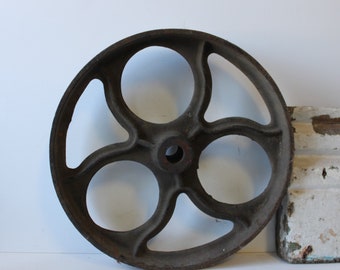 Vintage wheel cast iron pulley gear large 12 inch Rustic Industrial Salvage Repurpose Supplies