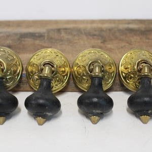Four vintage handles black wood & Brass drop pulls Victorian Edwardian architectural salvage restoration supplies lot